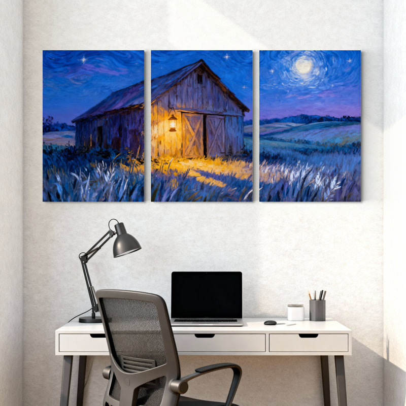 Abstrait nuit étoilée grange, ensemble de 3 reproductions d'art sur toile, H 18 po x l 36 po
