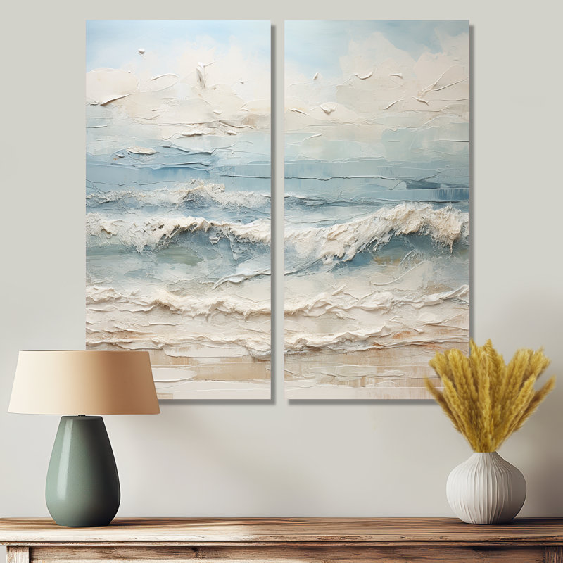 Peinture de bord de mer beige et bleue - art mural nautique beige 2 pièces, H 20 po x l 24 po, Toile tendue
