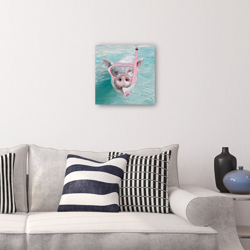 «Snorkle Pig» par Studio Arts, cochon portant un masque de tuba rose sous l'eau, impression sur toile