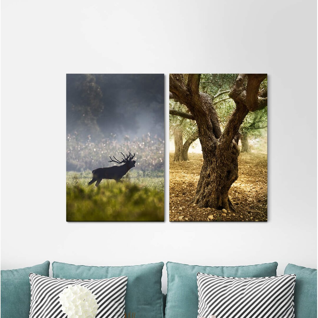 2-tlg. Leinwandbilder-Set - Fotografie „Moose Forest Tree Nature Spring Green Sweden”