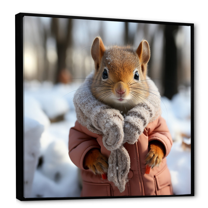 Mignon écureuil avec foulard dans la neige II - écureuil, art mural, H 36 po x l 36 po x P 1,5 po, Cadre flottant noir