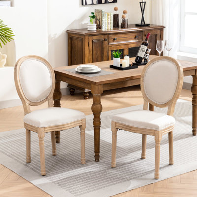 Beige Dining Chair , French Style Solid Wood Frame, Linen Fabric Upholstery, Antique Finish, Comfortable Seating Country 2 , Wood, Painting, Pleasant