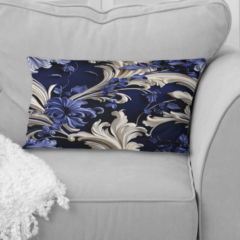 Cobalt Blue Baroque Scrolls Victorian Pattern I - Floral Printed Pillow