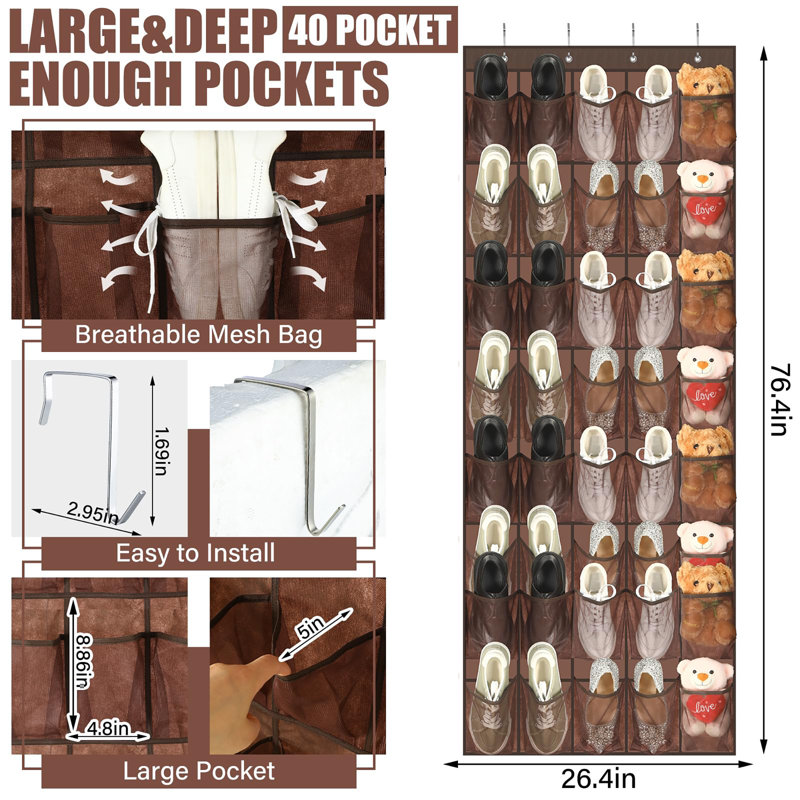 40 Pairs of Shoes Storage Rack Door Shoe Rack with Large Mesh Bag Hanging Shoe Rack, Brown