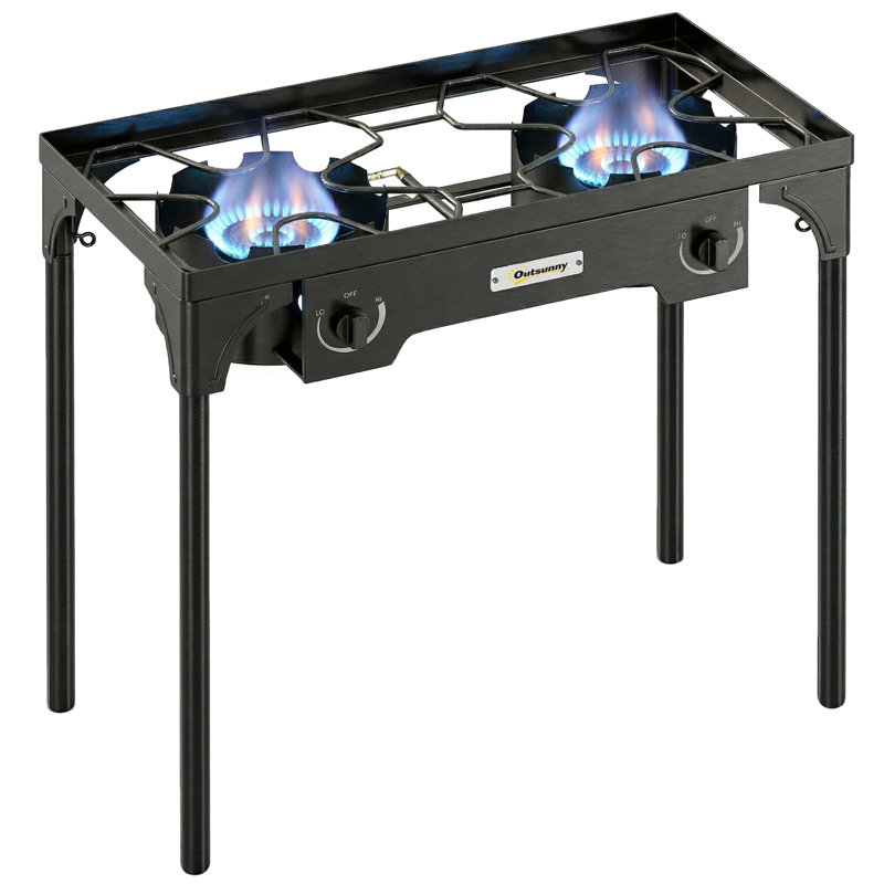 Outsunny Double Burner Camping Stove 150,000 BTU Detachable Legs Black