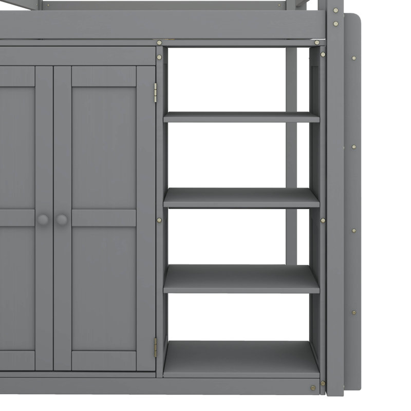 Lit mezzanine en bois pleine grandeur avec tablettes de rangement intégrées pour garde-robe et éclairage DEL, Gris
