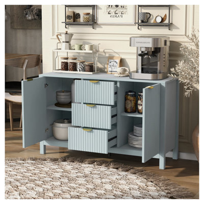 U_STYLE Sideboard Cabinet with 3D Wave Design, Cyan MDF Storage Console with 3 Adjustable Shelves