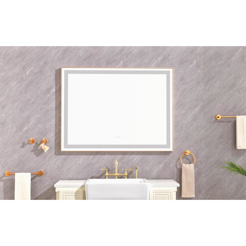 48 "36" miroir de salle de bain mural avec lumière élevée et anti-buée à contrôle séparé, Doré