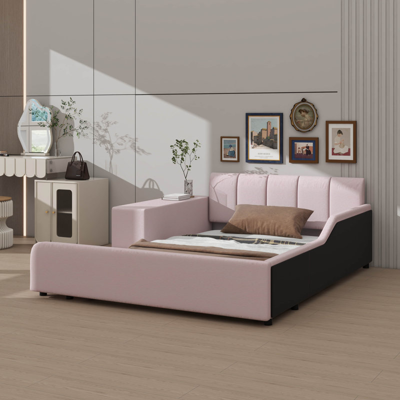 Lit double sur pied avec finition rembourrée, lit combiné mère et enfant avec table de chevet et petit tabouret rond, Double