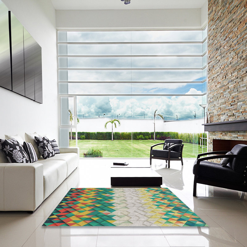 Tapis géométrique vert / jaune / crème, Carré 8 pi