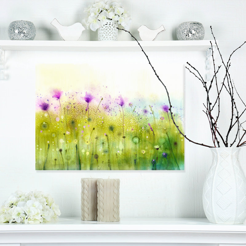 Vert, mauve, cosmos abstrait de fleurs - impression, Métal, H 36 po x l 36 po x P 1 po