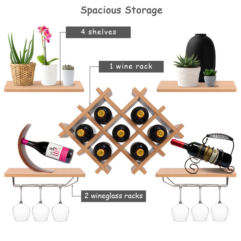 Berwaldt 7 Bottle Wall Mounted Wine Bottle & Glass Rack, Natural