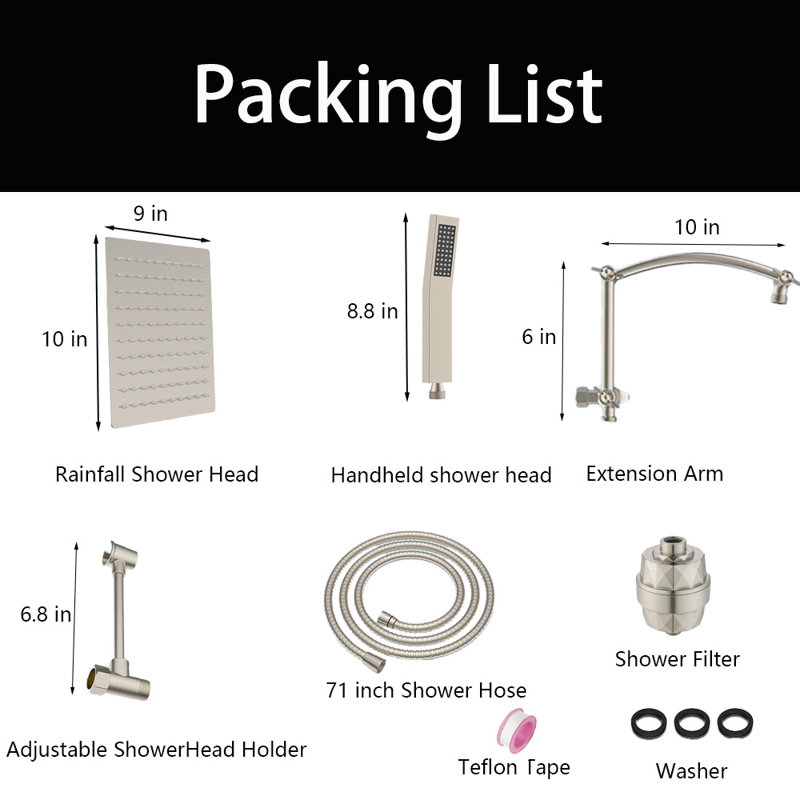 10'' Filtered Rainfall Shower Head With Handheld Combo,, 16'' Adjustable Arc Extension Arm, 20 Stage Shower Filter, 71'' Hose