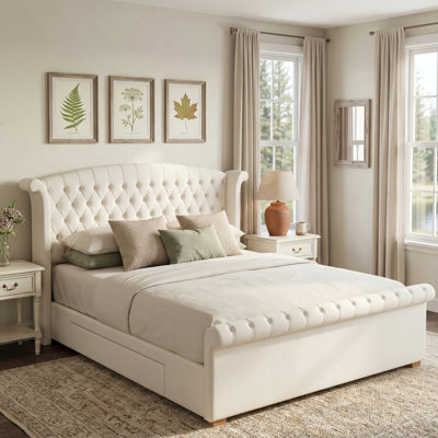 Velvet Upholstered Sleigh Bed with Tufted Wingback Headboard and Two Side Storage Drawers