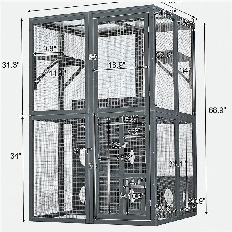 Enceinte d'extérieur pour chat avec portes à double entrée Catio, tablettes grimpantes grises, aire de jeu en bois de pin résistant aux intempéries avec 7 boîtes en bois combinées Freely