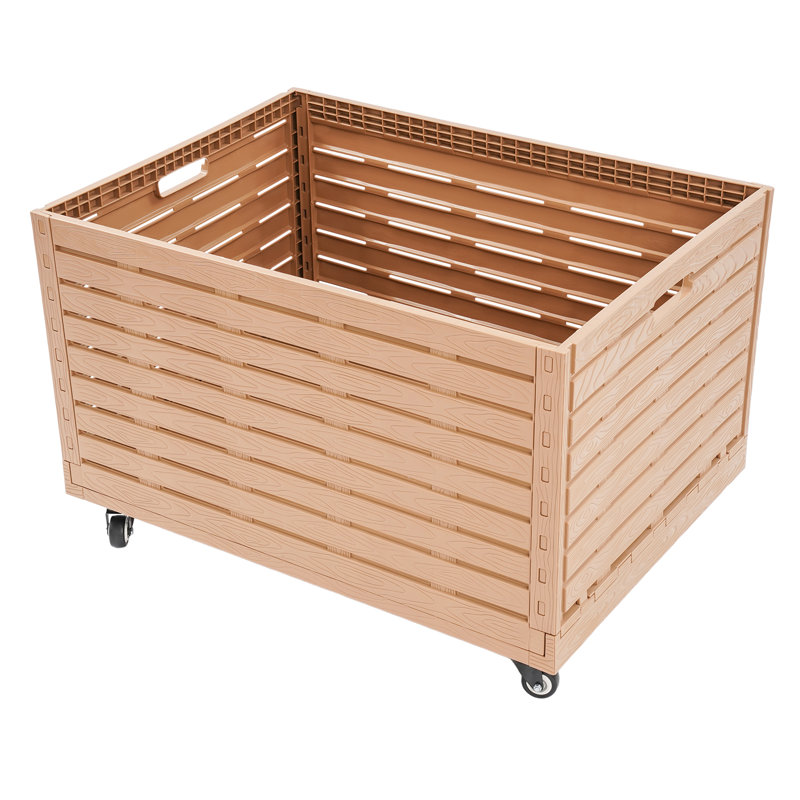 Set Of 2 Foldable Storage Bins With Wheels, Large 52.8-Gallon Rolling Containers With Wood Grain Finish For Home, Garage, And Office Organization
