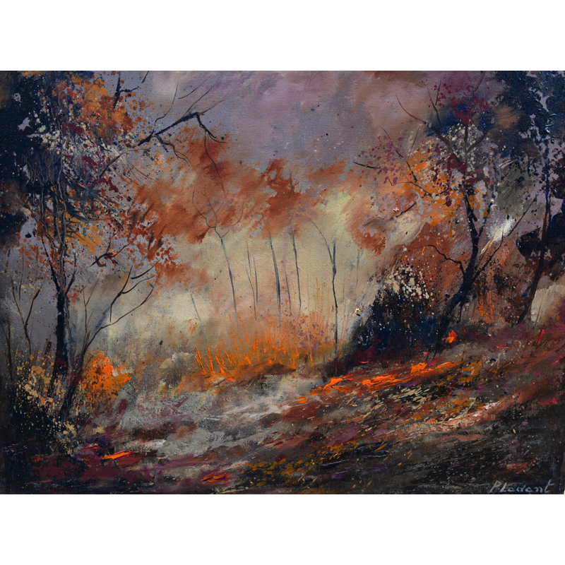 Pol Ledent " Autumn In The Wood " by Pol Ledent, 25" H x 33" W, Black Framed Canvas
