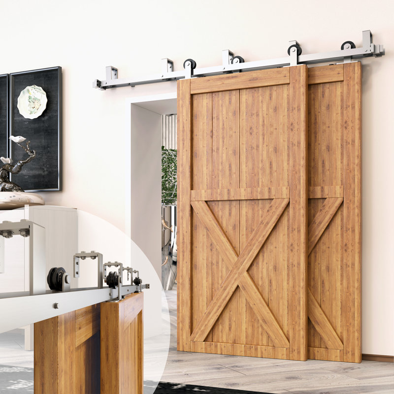 Brushed Nickel Top Mount T-Shape Design Double Track Bypass Two Door Barn Door Hardware Kit (Door Not Included), 108 in.