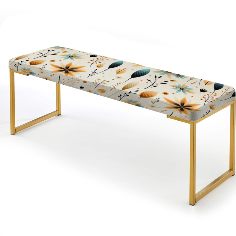 Floral Upholstered Gold Bench, Earthy Elegance Boho