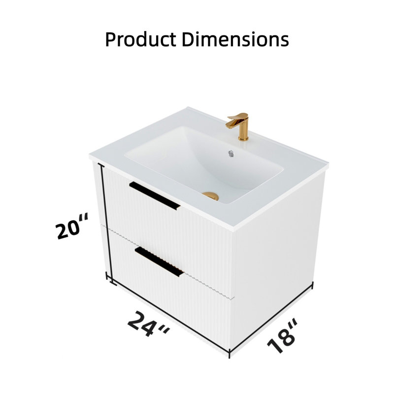 Meuble-lavabo flottant blanc cannelé 24 po, Blanc, 24"