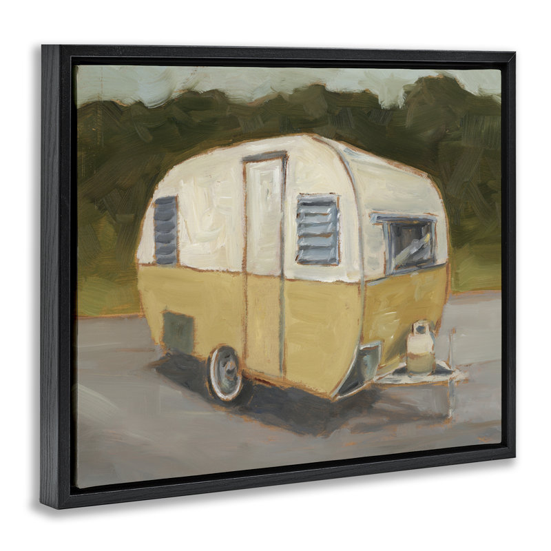 «Yellow Retro Camper», art mural encadré par Floater, H 17 po x l 21 po, Cadre flottant noir de jais