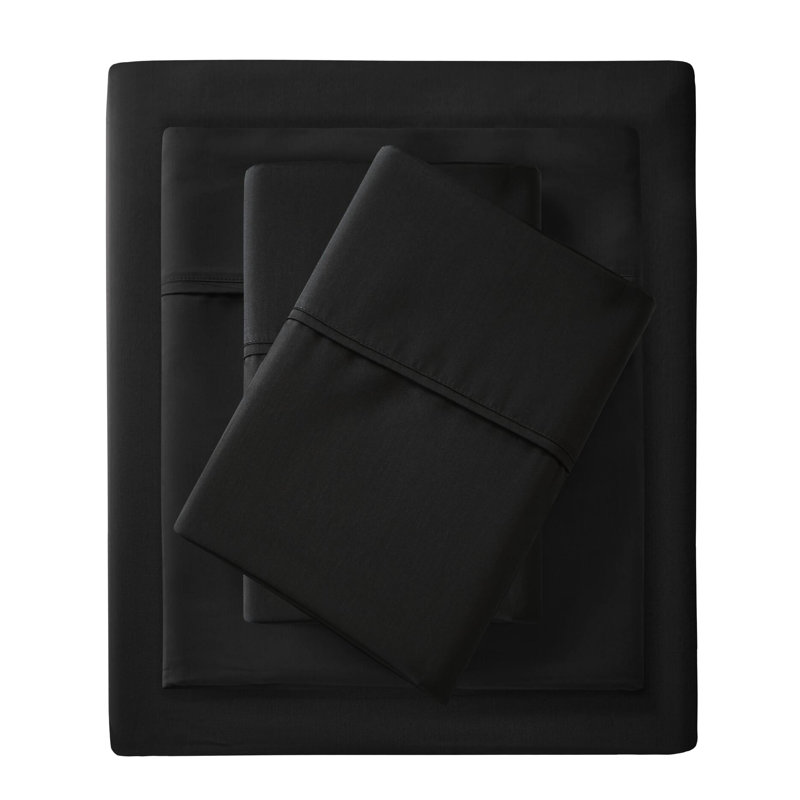 Grand drap 4 pièces en mélange de coton noir à densité de tissage 1500, tissage froissé, toucher doux, drap-housse à poche profonde, 2 taies d'oreiller, lavable à la machine, finition,