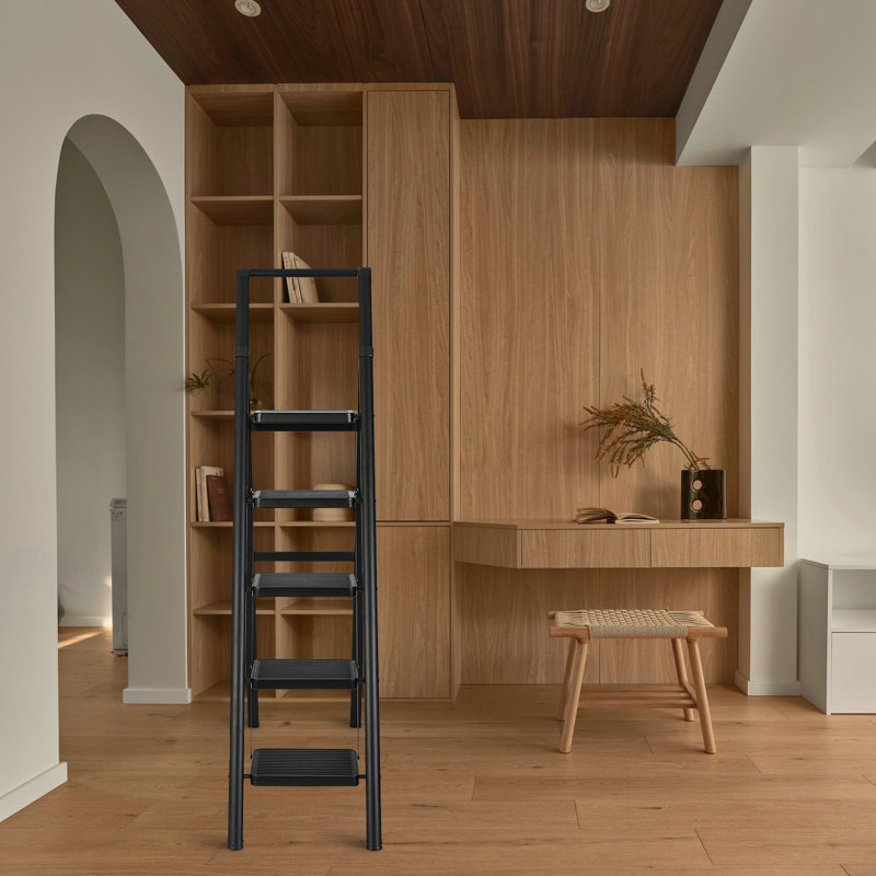 Escabeau pliable à 5 marches à hauteur réglable avec plateau à outils et larges pédales antidérapantes, mains courantes pratiques