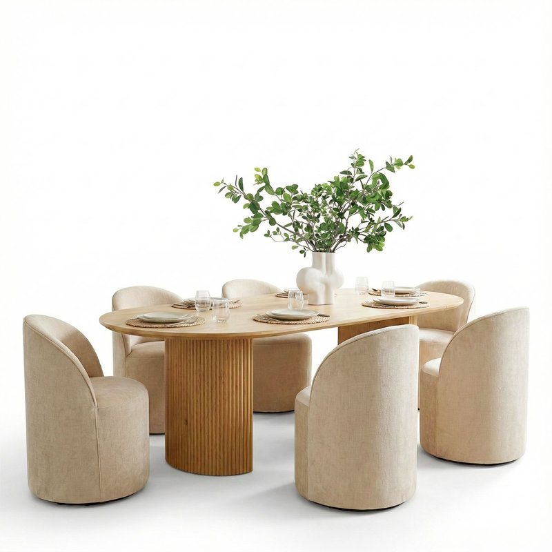 6 - Person Dining Table Sets With Oval Table & 6 Upholstered Chairs, Soft Tan, Oak