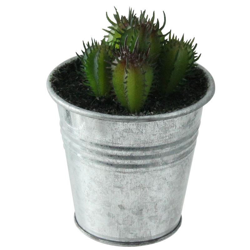 Mini Tropical Green and Red Artificial Cactus in Silver Tin Pot
