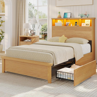 Fluted Design Bed with Bookcase and Drawers