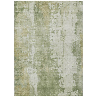 3' X 5' Sage And Ivory Abstract Washable Indoor Outdoor Area Rug