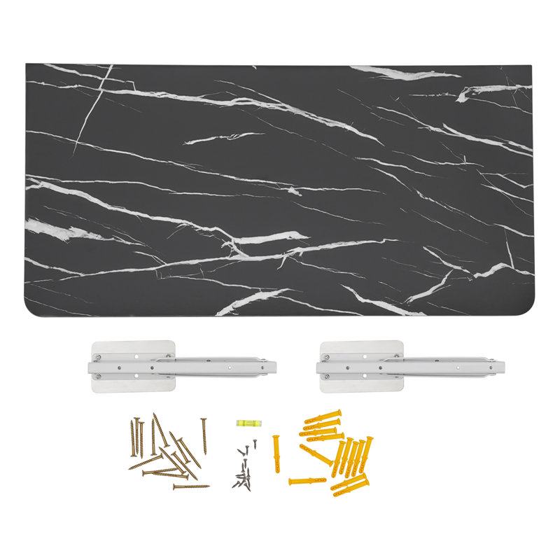 Black Marble Wall-Mounted Folding Desk with Metal Brackets