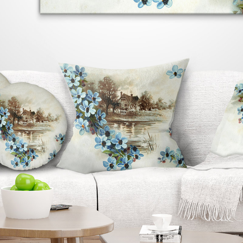Fleurs bleues - coussin à imprimé floral, 18 po x 18 po, Coussin décoratif