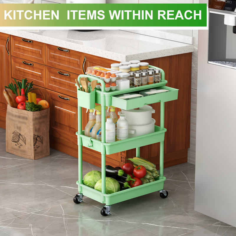 3 Tier Rolling Cart with Drawer & Lockable Wheels, Plastic Shelf Storage Organizer Cart, Green