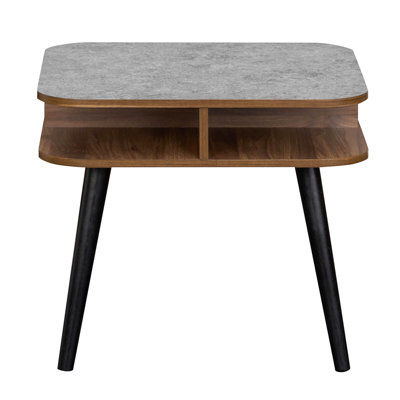 1 PCS Faux Marble End Table with Storage Shelves & Rubber Wood Legs for Living Room Gray, Walnut & Black