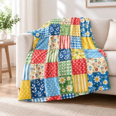 Couverture courte en patchwork (1 pièce) - Motifs floraux et vichy éclatants ; Décoration intérieure chaleureuse. Parfait pour le divan, le fauteuil et le lit. Lavable à la machine. Un cadeau parfait pour toutes les occasions. Utilisation toutes saisons. Ajoutez une touche de charme champêtre à votre literie et à votre canapé.