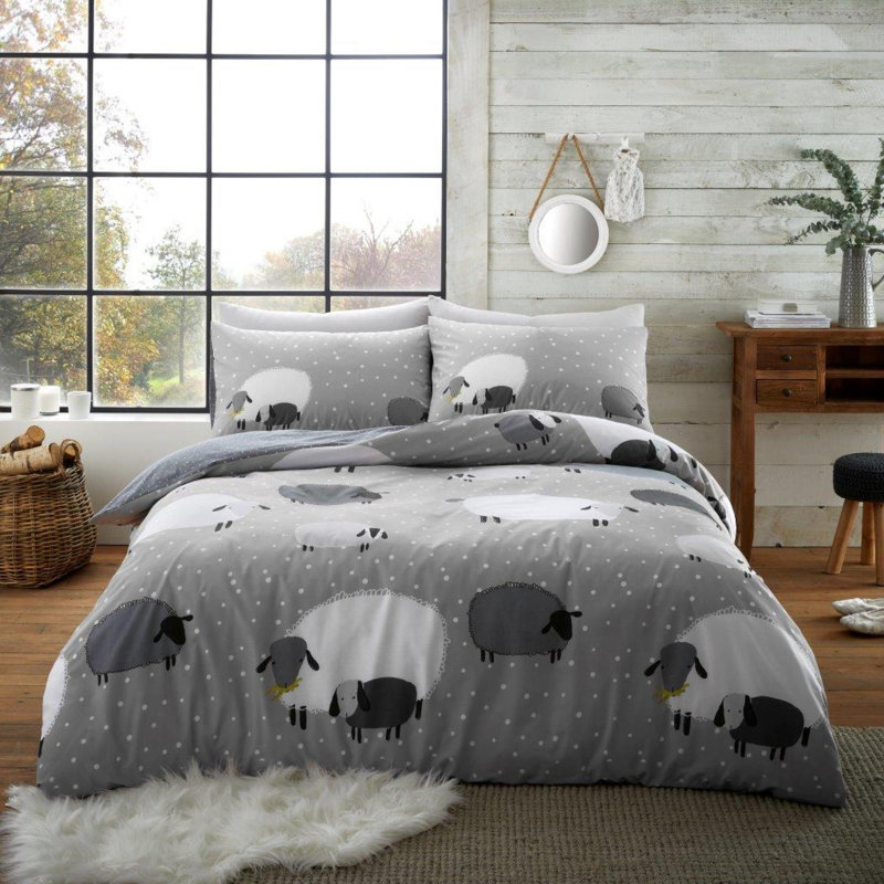 Animal Sheep Design Duvet Cover Set with Pillowcases - Polycotton Bedding - Available in Single Double King, Gray, Double