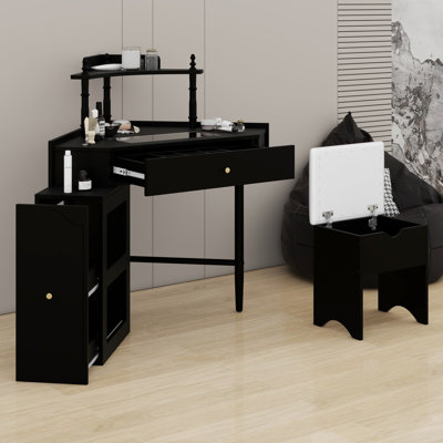Glass Tabletop Corner Vanity Desk with Charging Station, Pull-Out Side Cabinet & Storage Shelf Drawer, Triangle Makeup Vanity Set with Cushioned Stool