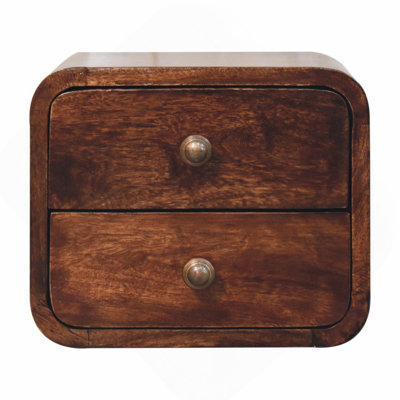 Solid Wood Mini Curved California Walnut Wall-Mounted Bedside, 2-Drawers, Brown