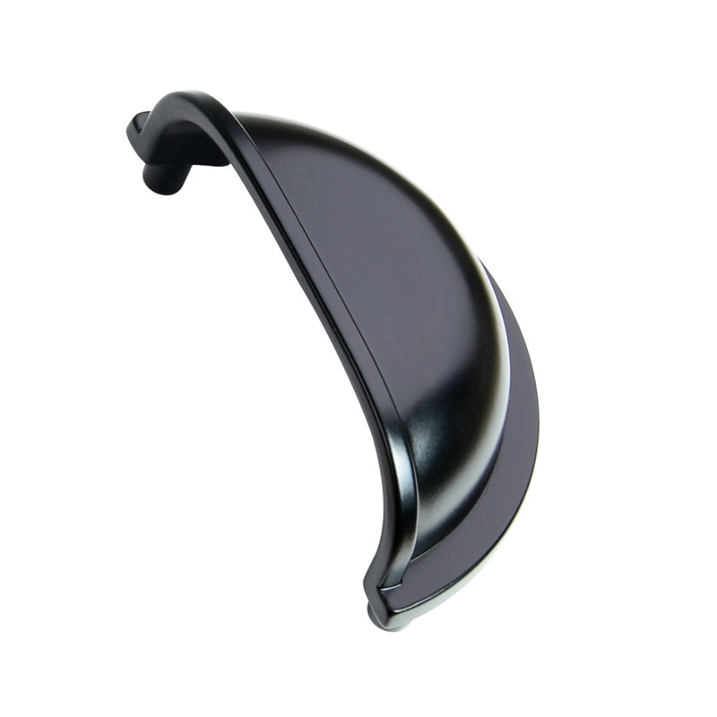 Flat Black Modern Cup Drawer Pull with Mounting Hardware