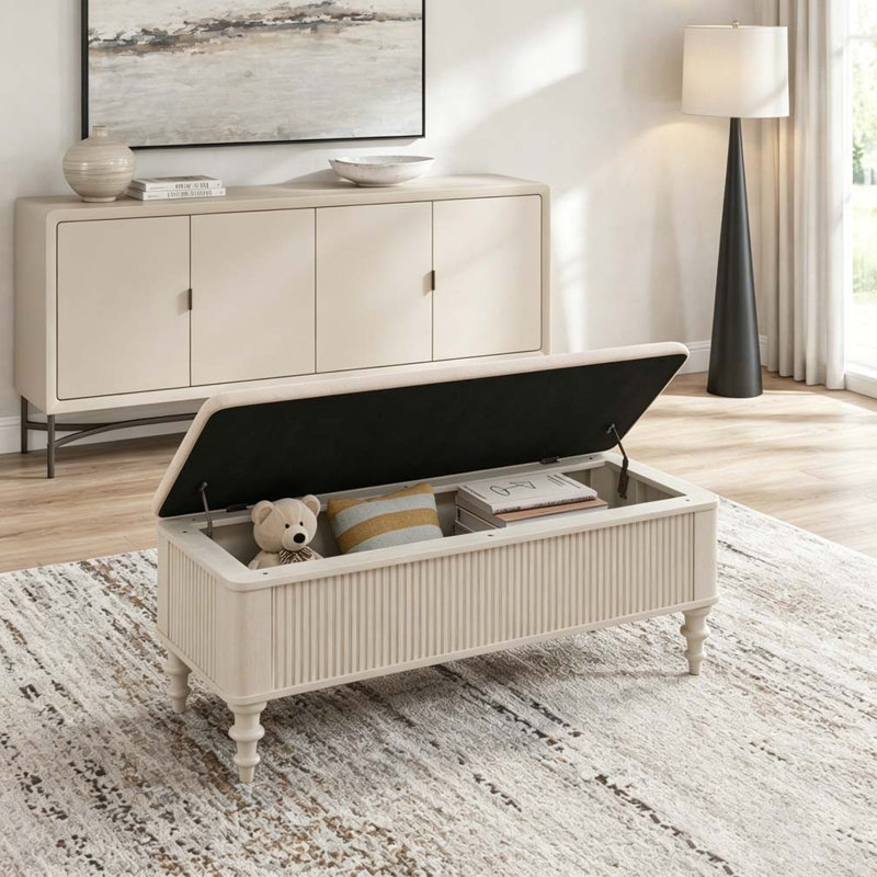 Banc de rangement avec repose-pieds en bois d'hévéa massif de 50,8 pouces avec siège en lin, Beige