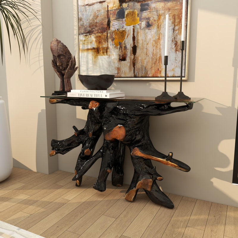 Console en bois de teck noir avec bordure en verre et plateau en verre transparent 49 po x 16 po x 32 po Roaccord