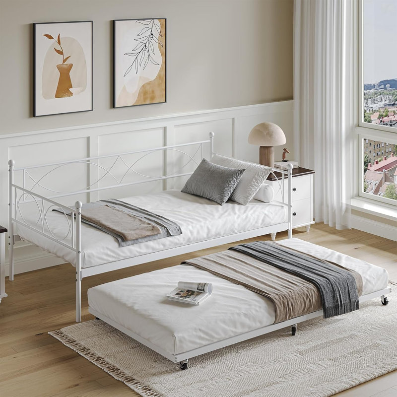 Lit de jour simple avec lit gigogne, structure de lit de jour escamotable moderne avec support en lattes d'acier, canapé-lit gigogne peu encombrant