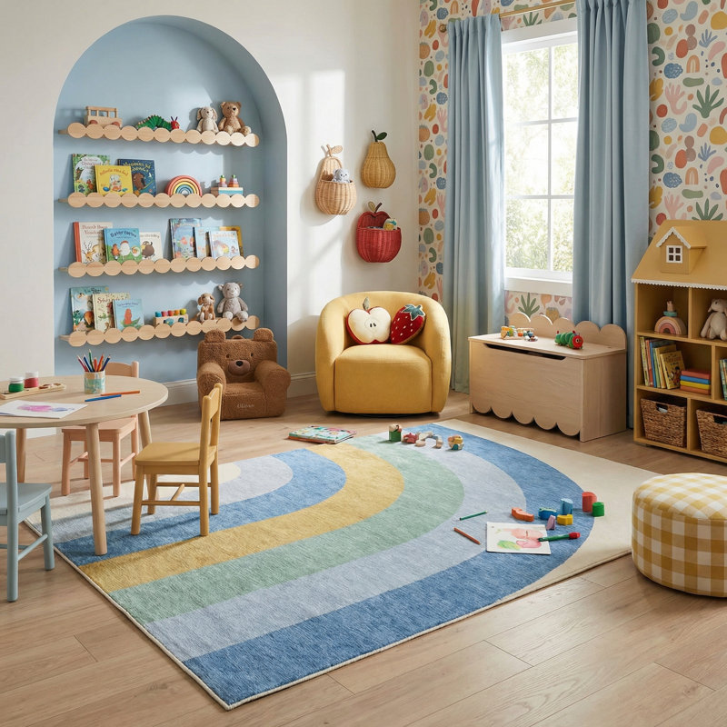 Rug Branch Skye 8' x 11' (7'7" x 10'10") Blue/Ivory Rainbow Kids Area Rug, Modern, Medium Pile, Stain-Resistant Carpet - Playroom, Nursery, Toy Room and Bedroom
