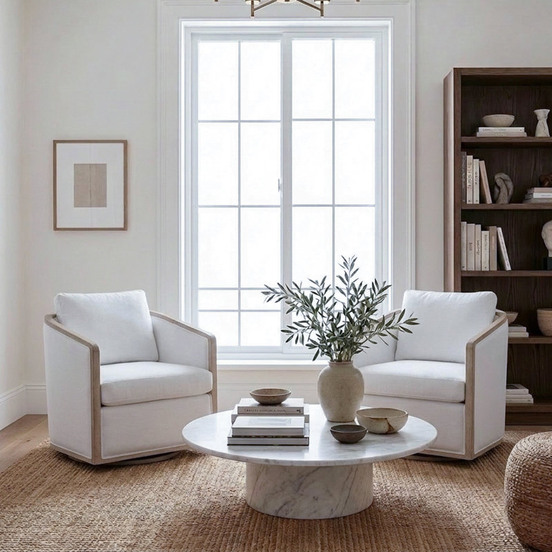 Holl Two Pieces 30" Wide Performance Fabric Upholstered Swivel Chair, No Assembly Required, Ivory Linen