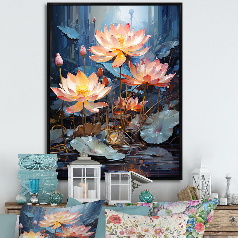 «Lotus Pond Blooms Come Alive I» sur toile, Cadre flottant noir, 40" H x 30" W