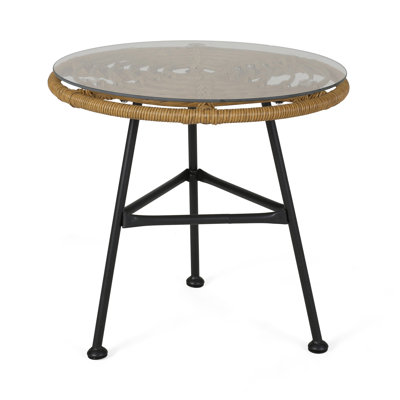 Orlando Outdoor Glass Top Faux Rattan Side Table,Tempered Glass Top End Table For Balcony Porch Deck