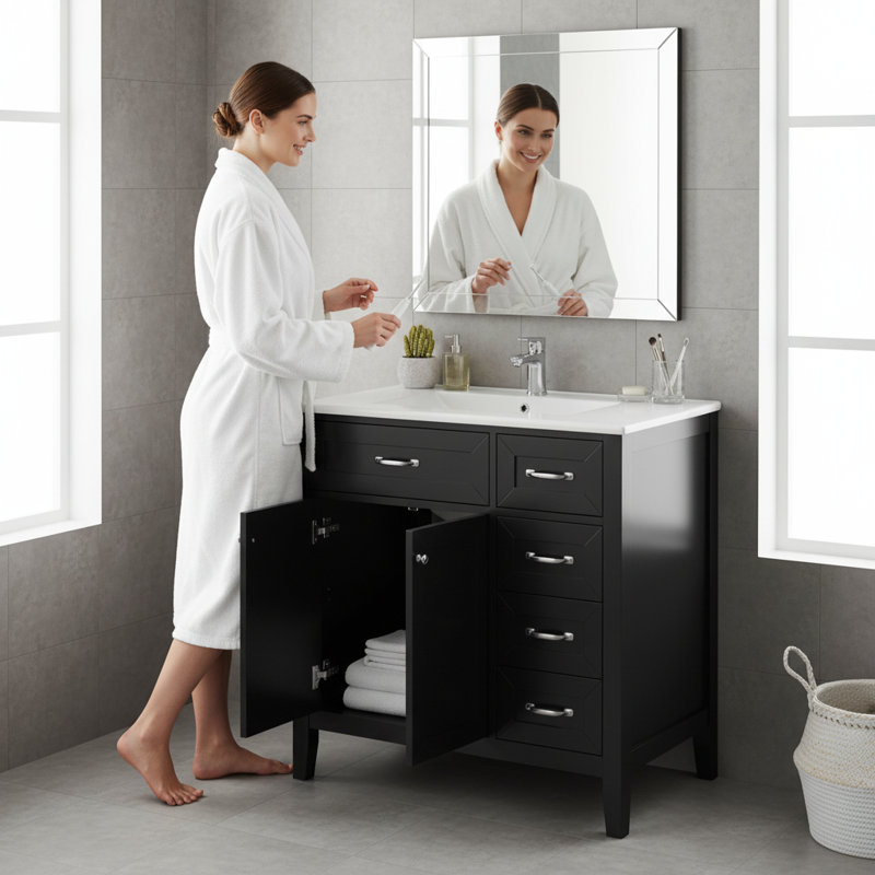 Meuble-lavabo noir 36 po avec évier, armoire autoportante avec tiroirs, structure en bois massif et fabrication en bois massif durable