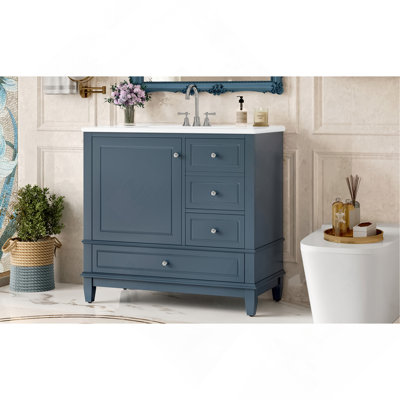 Meuble-lavabo 36 po avec lavabo en céramique, panneau de fibres à densité moyenne et base en bois massif, 3 tiroirs et armoire avec tablettes, finition peinte gris-bleu, meuble-lavabo autoportant avec trous de robinet de 4 pouces