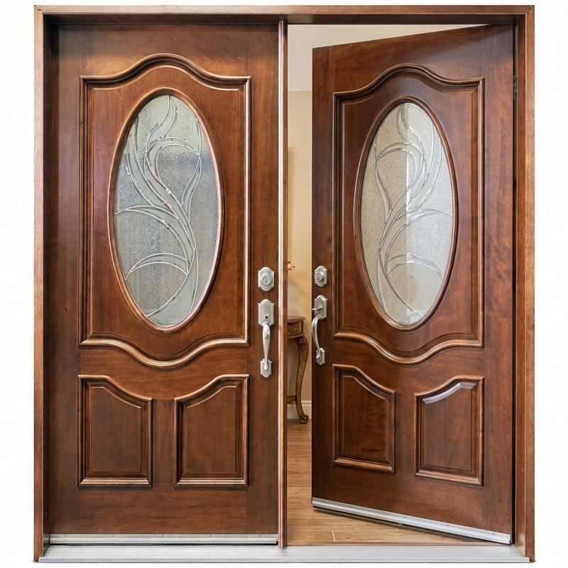 Porte d'entrée extérieure pré-montée en acajou prête à installer pour l'extérieur, H 80 po x l 72 po x P 1,75 po, Oui